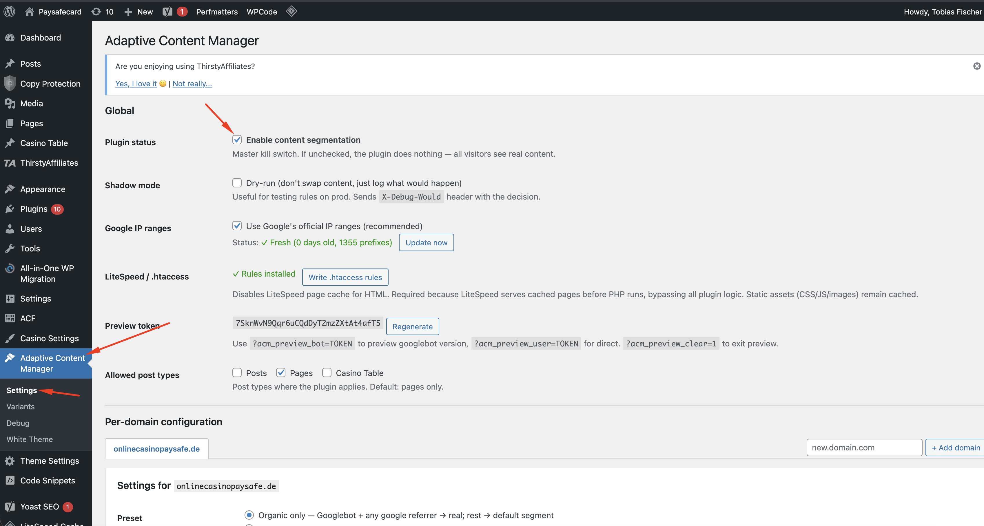 ACM Settings — увімкнений плагін: Plugin status, Shadow mode, Google IP ranges Fresh, .htaccess Rules installed, Preview token, домен onlinecasinopaysafe.de з пресетом Organic only